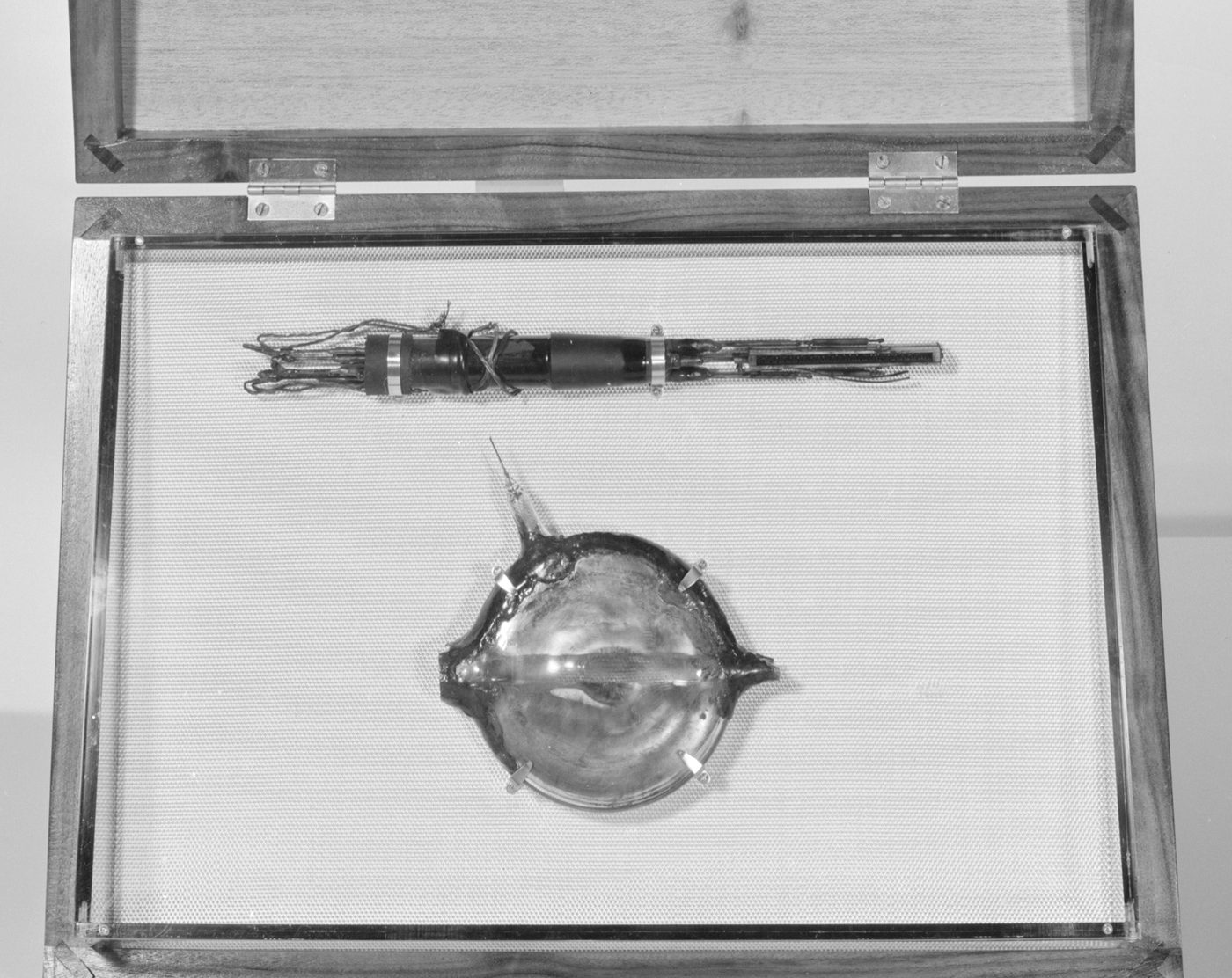 A small round brass vacuum chamber, a few inches across, with a single D-shaped electrode visible inside and a glass side tube, mounted in a presentation case beside its filament ion source.
