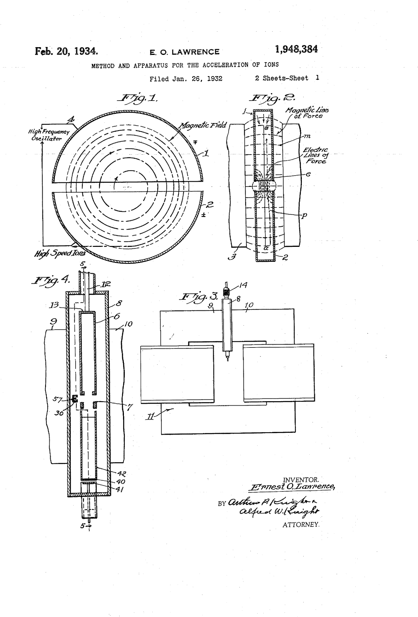 Sheet 1 of US patent 1,948,384: Fig. 1, a plan view of the spiral ion path between two D-shaped electrodes fed by a high-frequency oscillator; Fig. 2, a section through the gap showing magnetic and electric lines of force; Figs. 3 and 4, the apparatus between the magnet poles.